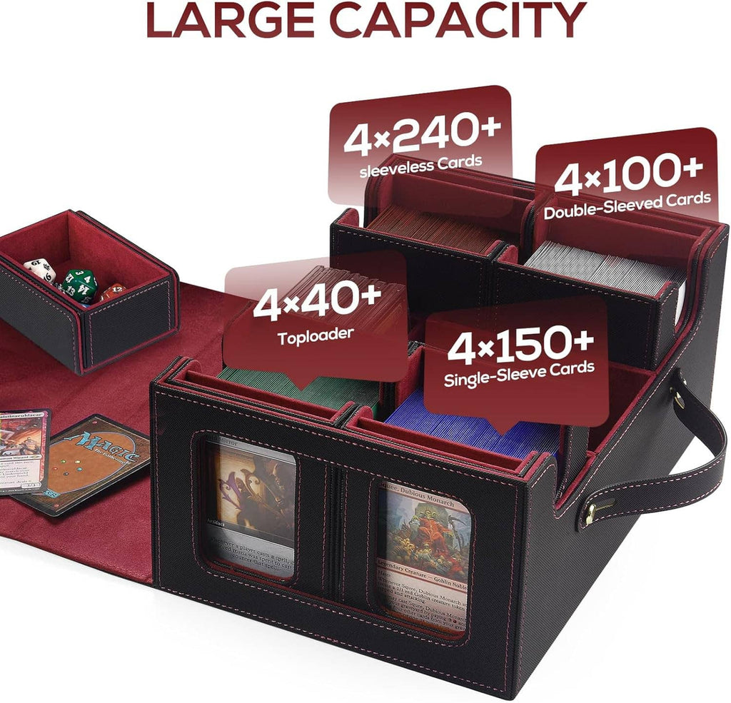 Open trading card deck box with multiple divider compartments and card storage trays inside.