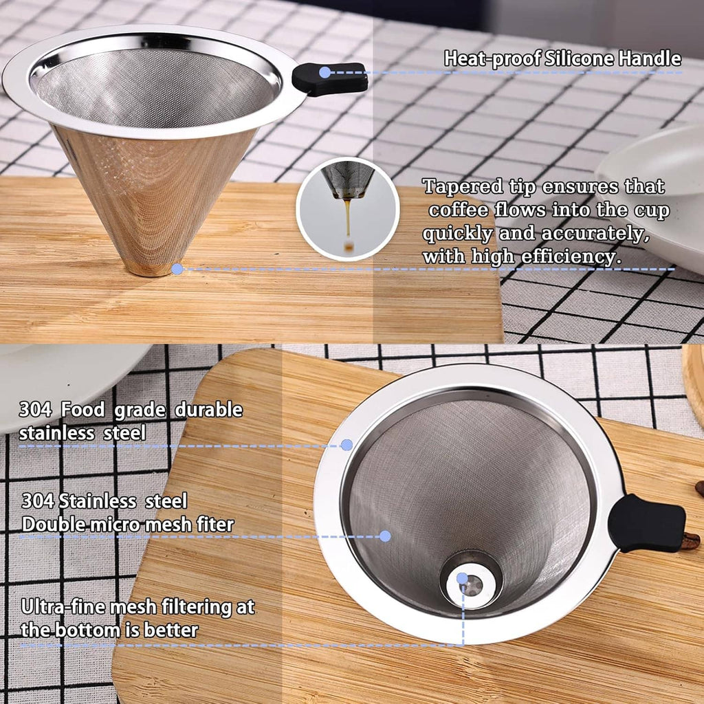 Stainless steel pour-over coffee cone dripper with fine mesh and heat-proof silicone handle