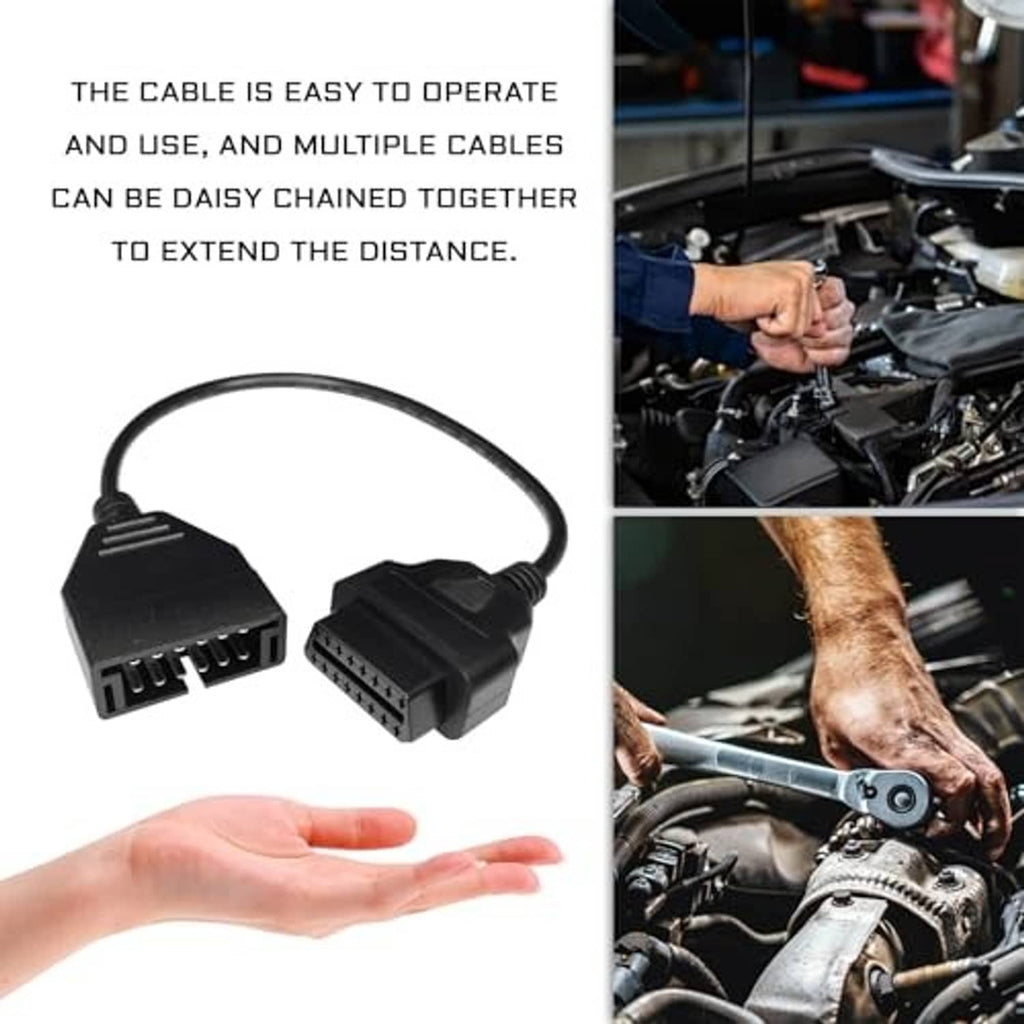 OBD adapter cable with black 12-pin plug and black 16-pin plug, flexible cord