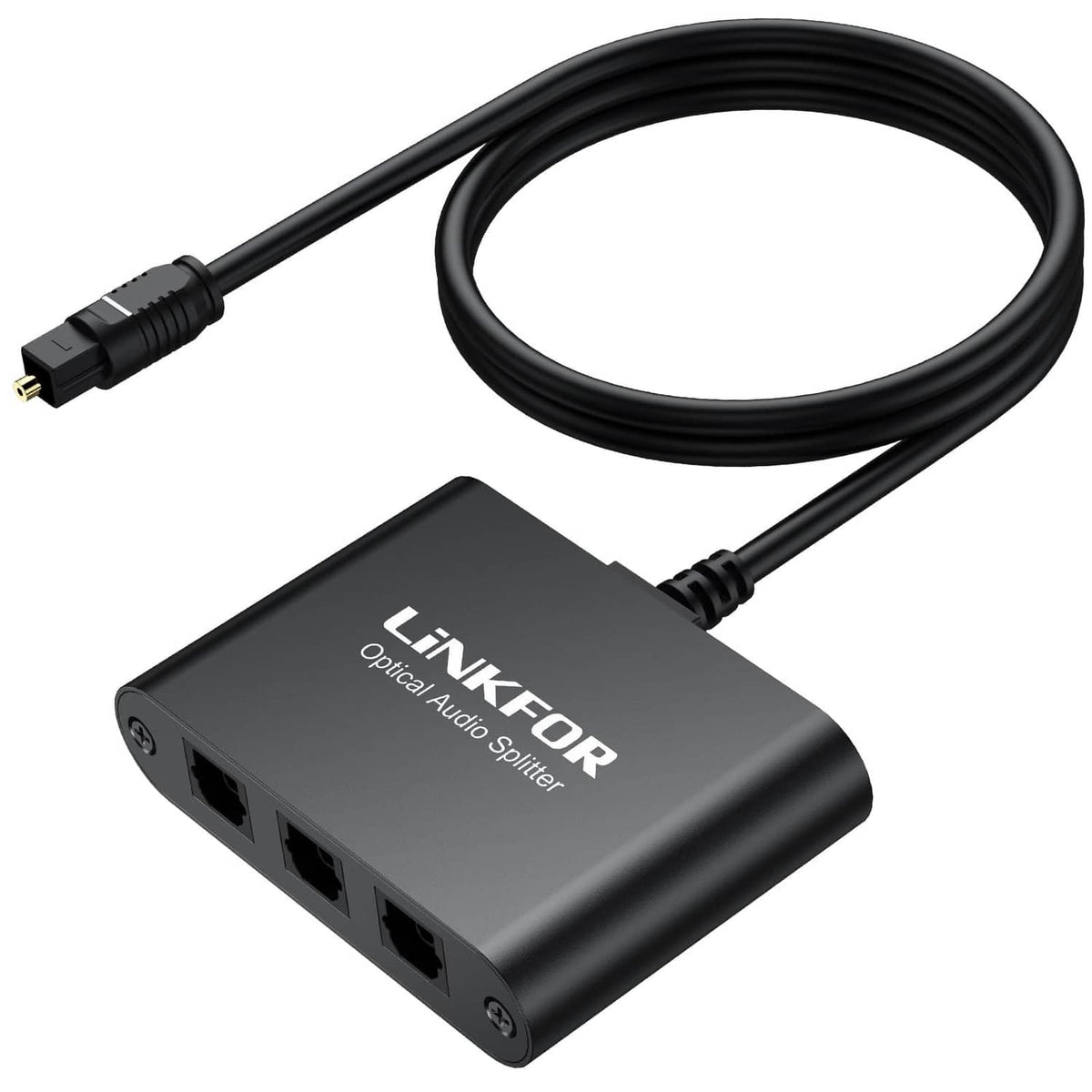 Black LiNKFOR optical audio splitter, 1x3 Toslink with SPDIF cable connections
