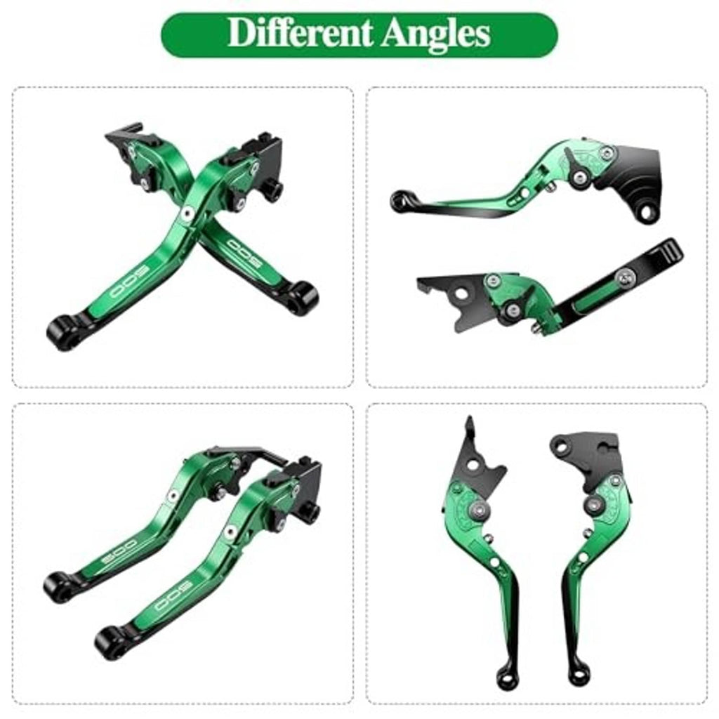 Green adjustable CNC motorcycle brake and clutch levers shown from multiple angles
