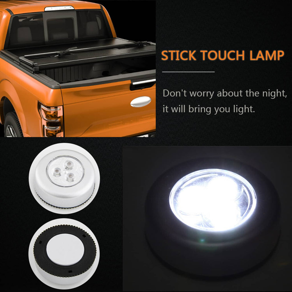 Hard tri-fold tonneau cover with touch LED lamp accessory and round lens