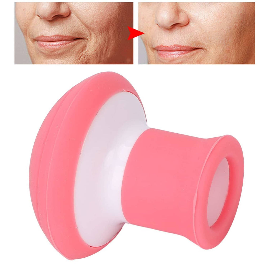 Pink and white jaw exerciser with flared circular base and central collar
