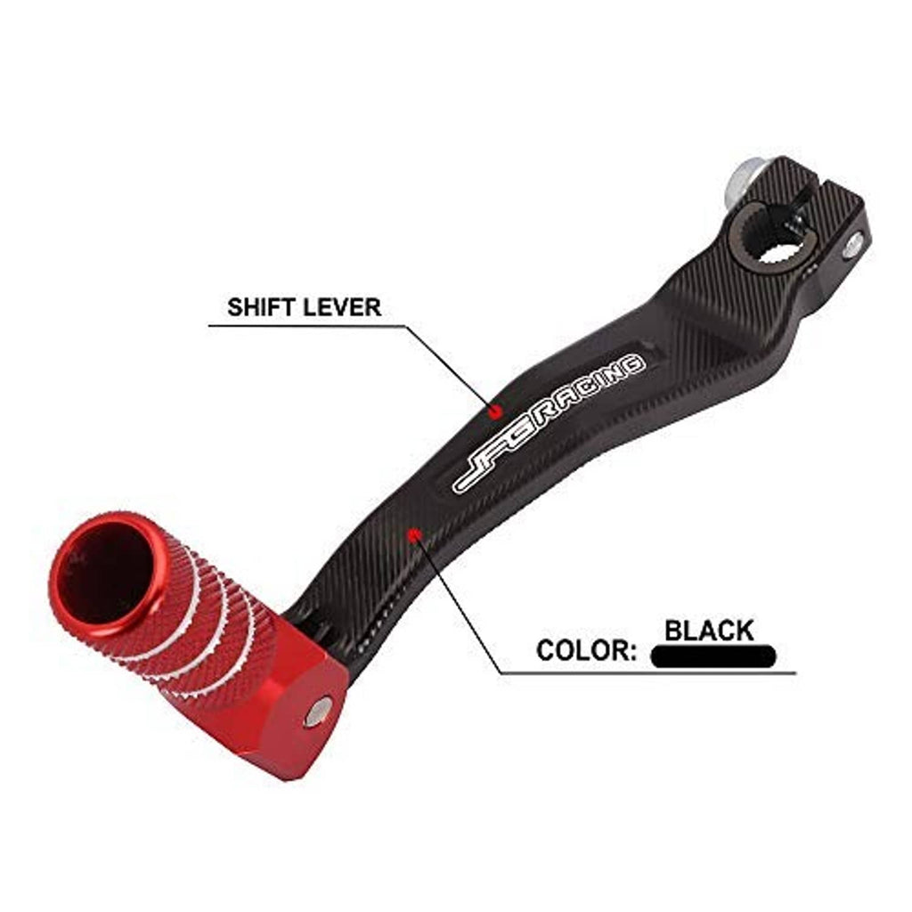 Motorcycle shift lever folding tip, red end cap with striped grips, black lever