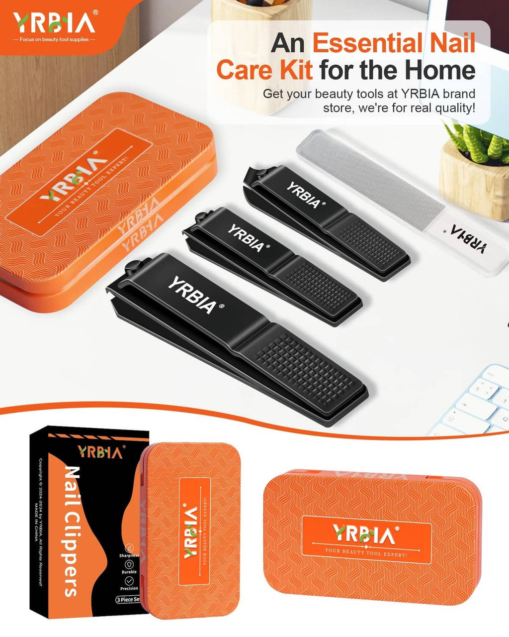 Nail care kit with orange case, multiple black clippers, and glass nail file
