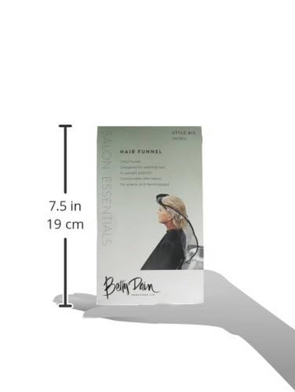 Hair funnel product box with height 7.5 in (19 cm) shown
