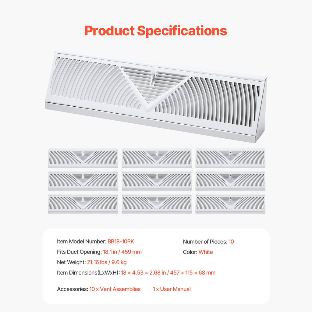 18-inch floor vent register vents, louvered grille with V-shaped center for damper