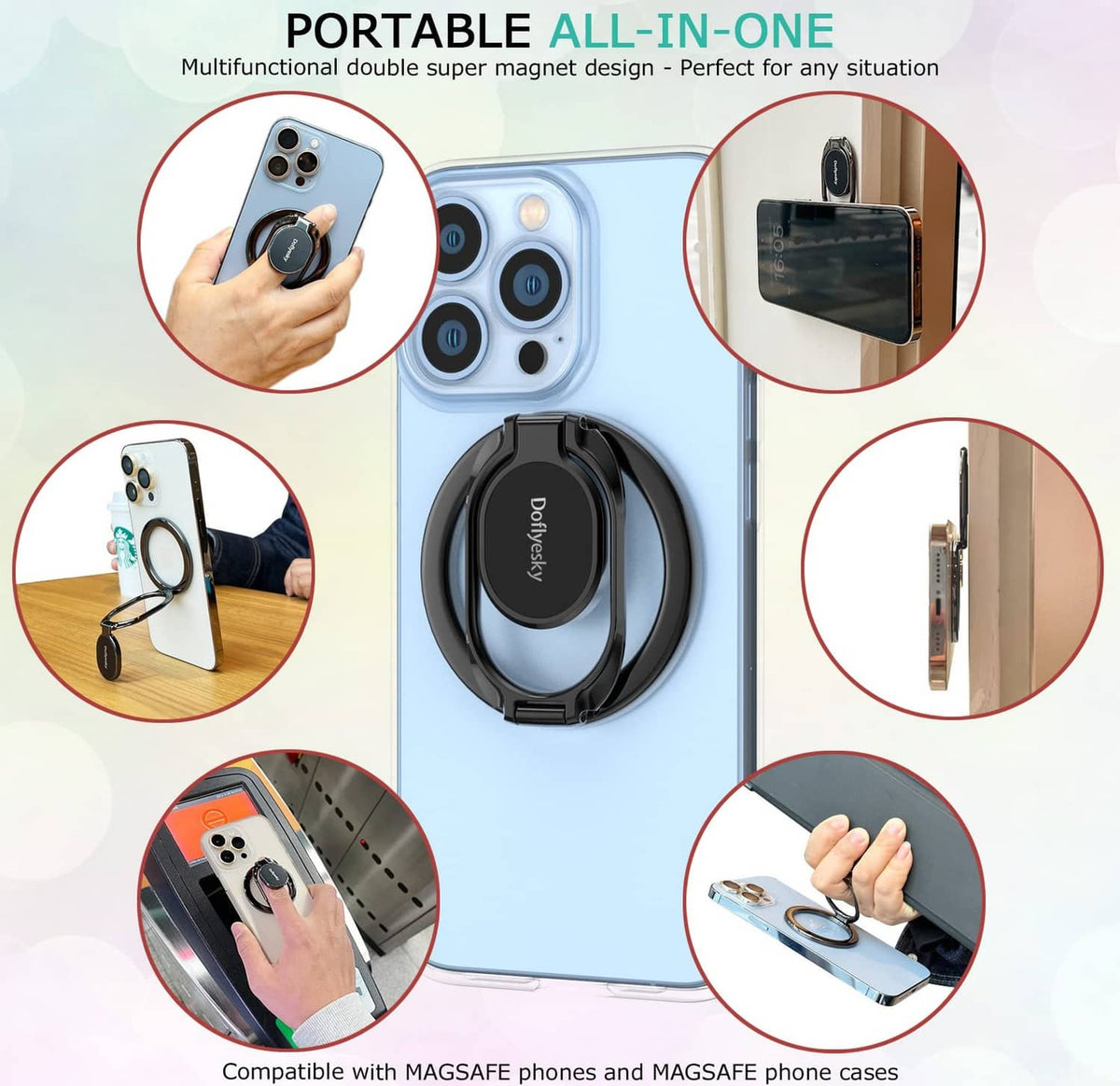 Black metal magnetic phone ring holder with foldable ring stand