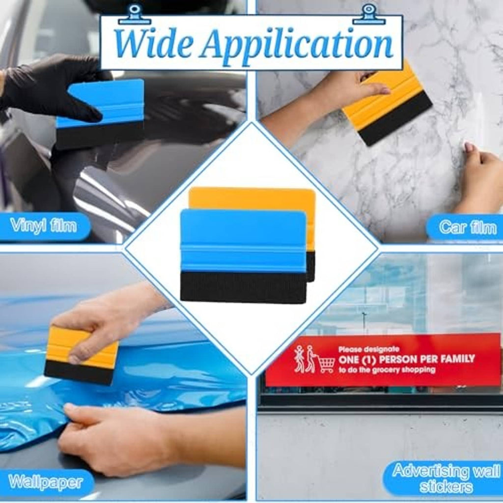 Wide application vinyl felt squeegee, blue and yellow plastic scraper with black felt pad