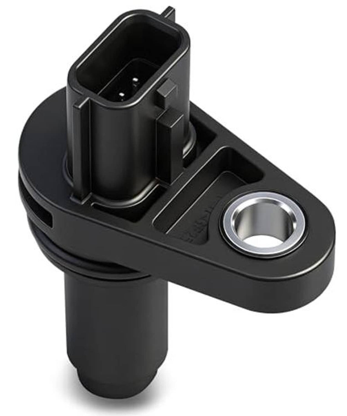 Crankshaft position sensor angled view with black housing and metal mounting ring