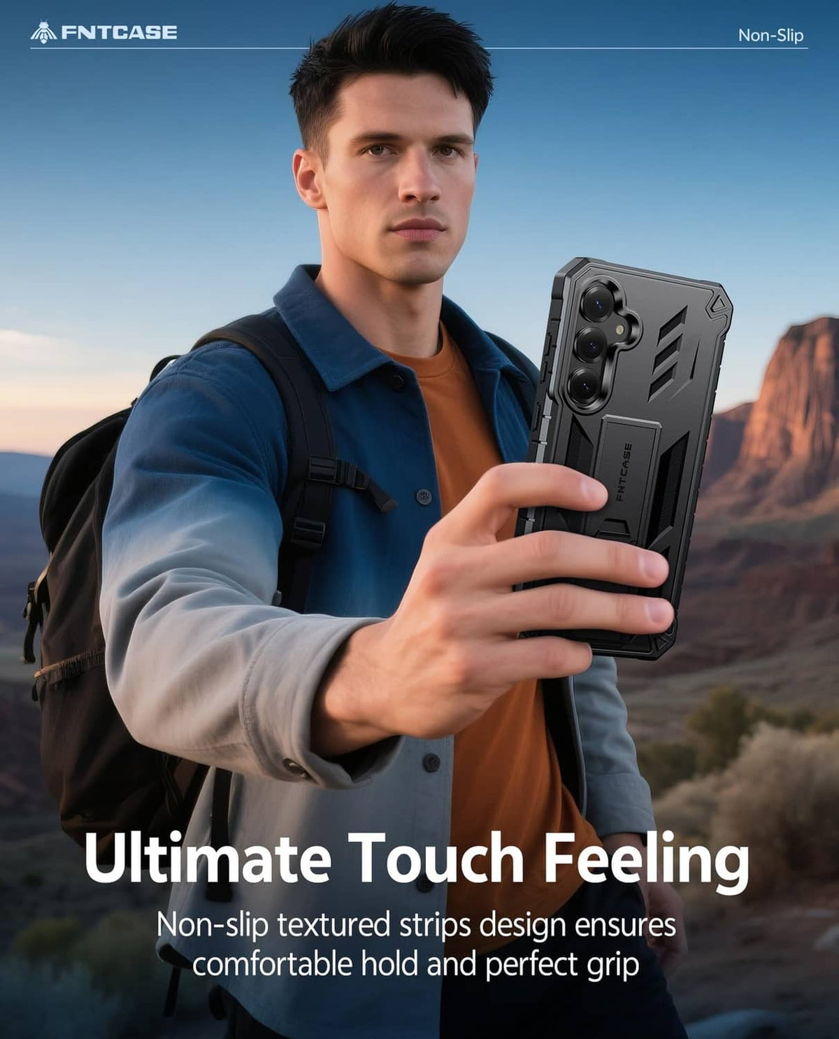 Black Galaxy S25+ rugged case with non-slip textured grip strips