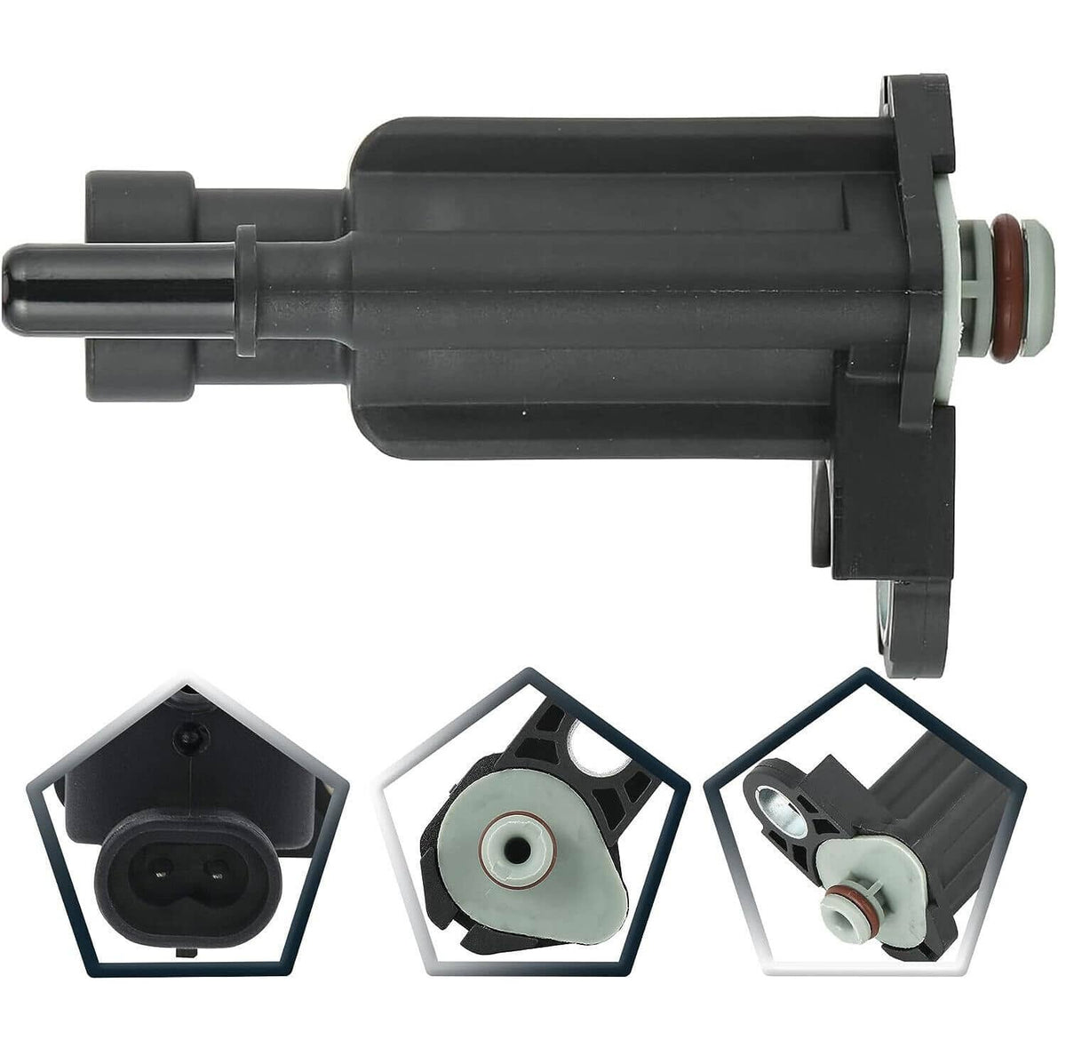 Black canister purge solenoid valve with white connector port and red seal