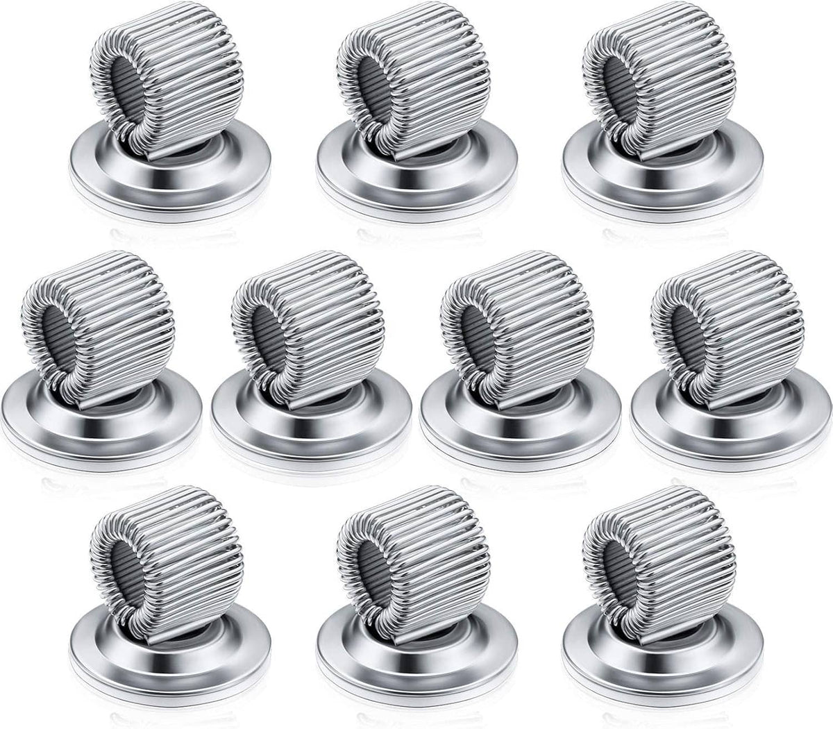 Pack of silver self-adhesive pen holder clips with coiled spring design and round bases