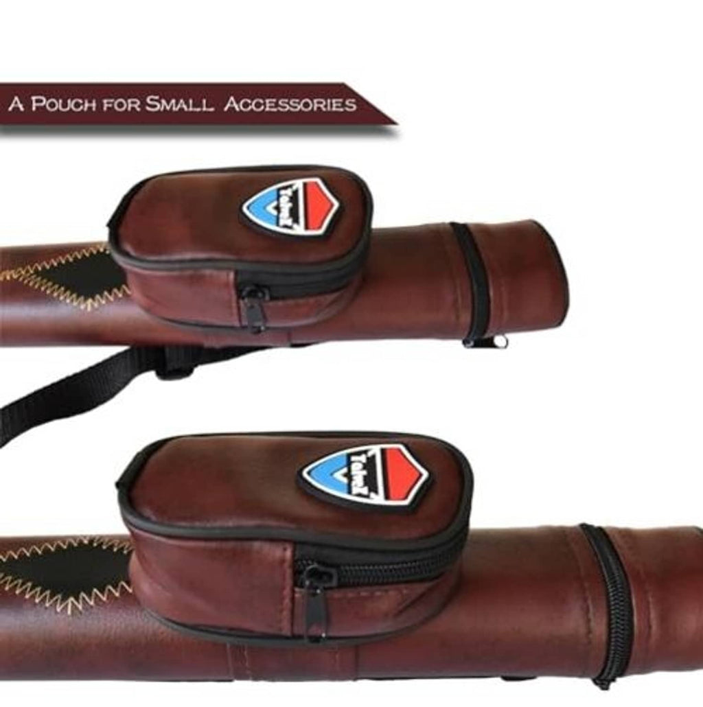Maroon leather cue case with two zippered accessory pouches and shield logo patch.