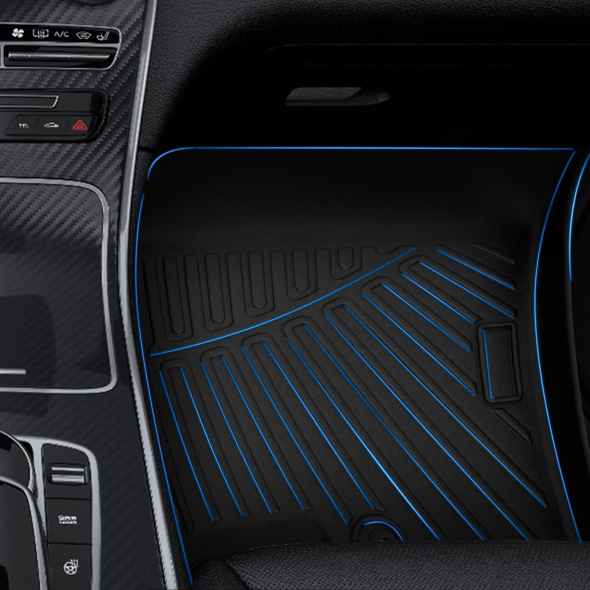 Black floor mat insert with raised channels and protective edge trim