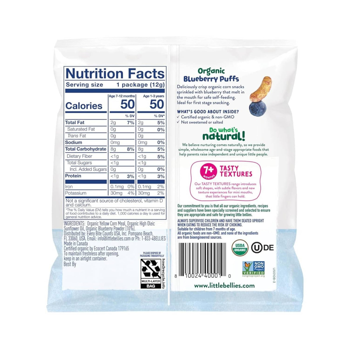 Little Bellies organic blueberry puffs nutrition facts panel on pouch back
