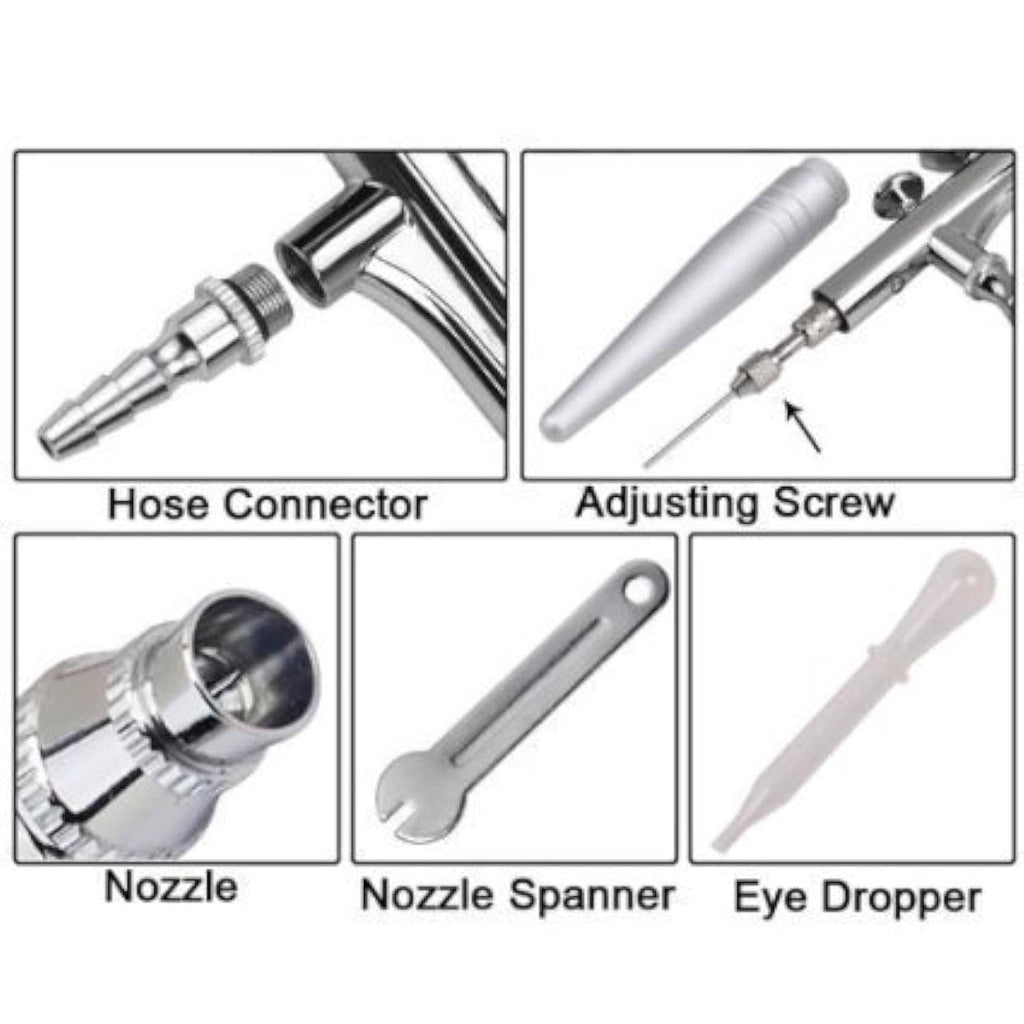 Airbrush parts set: hose connector, adjusting screw, nozzle, spanner, eye dropper