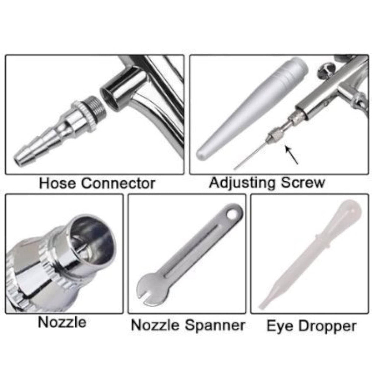 Airbrush parts set: hose connector, adjusting screw, nozzle, spanner, eye dropper