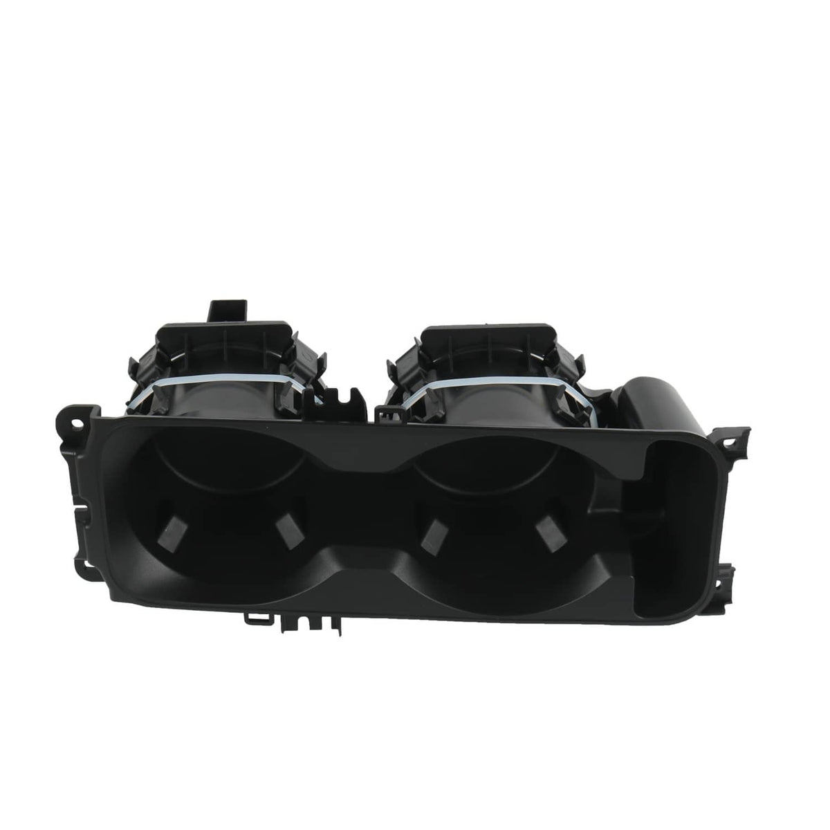 Black dual cup holder insert front view with two circular cup wells
