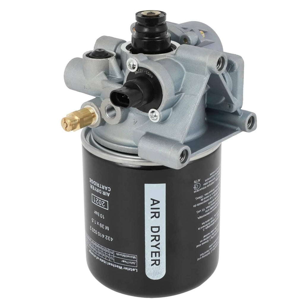 Air dryer assembly with black and gray housing and ports, mounted on a canister body