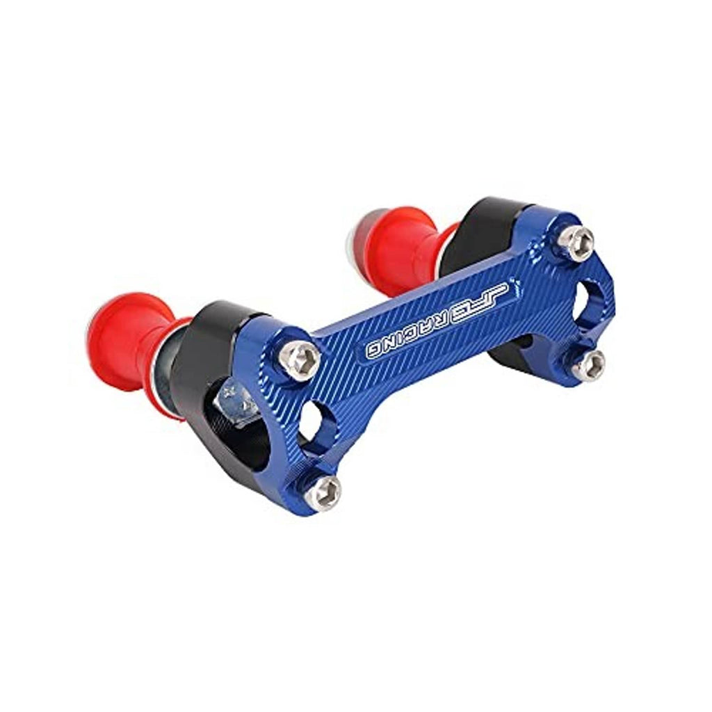 Side view of blue CNC motorcycle handlebar riser with black blocks and red spacers