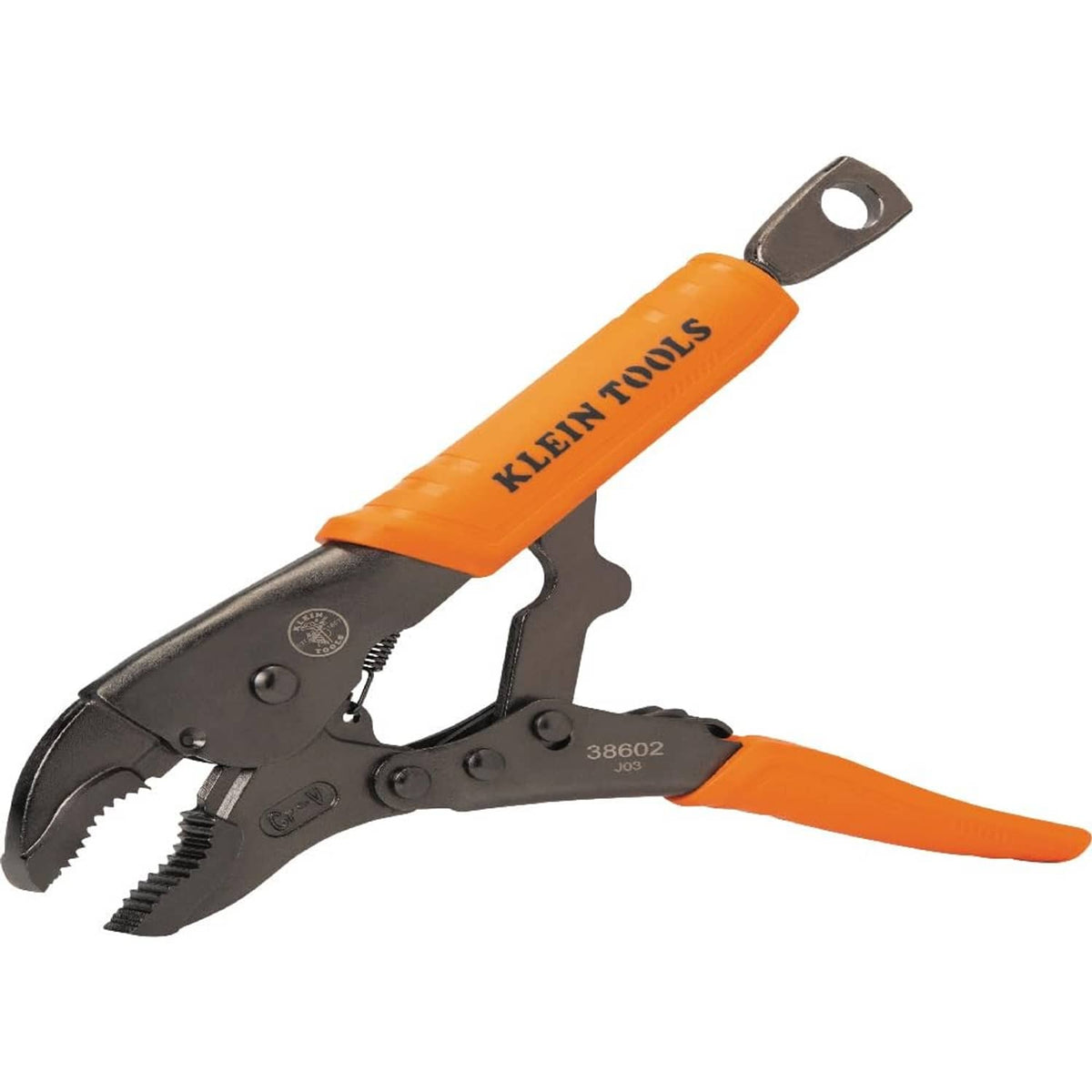 Orange-and-black Klein Tools locking pliers with serrated jaws and thumb latch