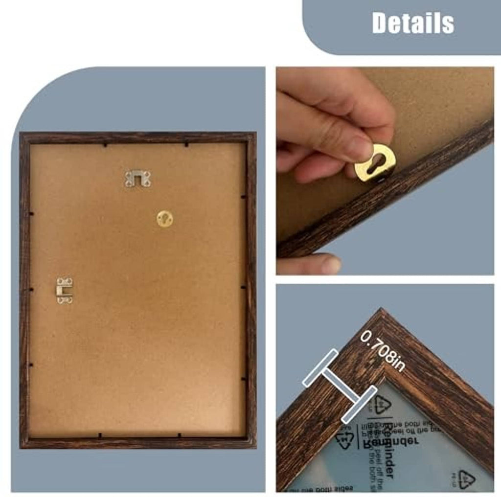 Brown picture frame back with corner hardware and hook mounts, close-up detail