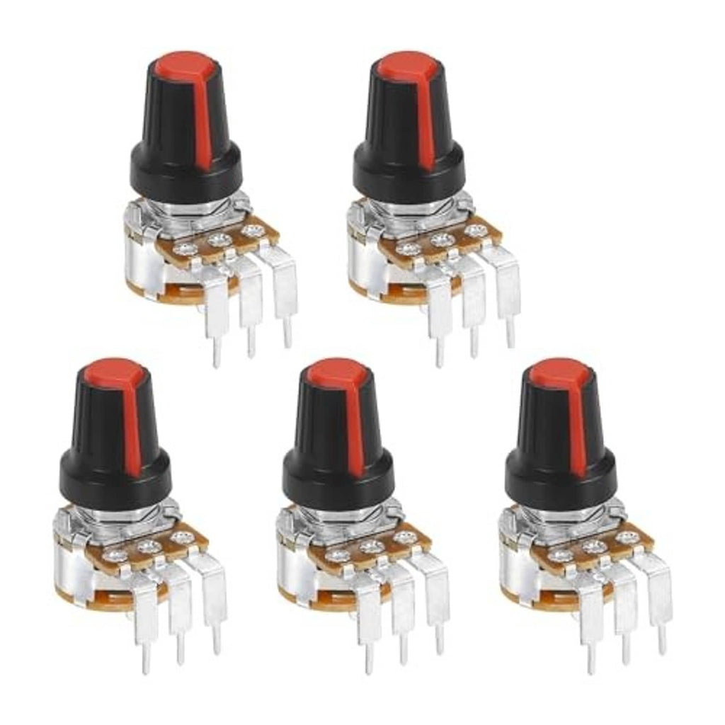 Five rotary potentiometers featuring red/black top caps, metal shafts, and 3-pin connectors