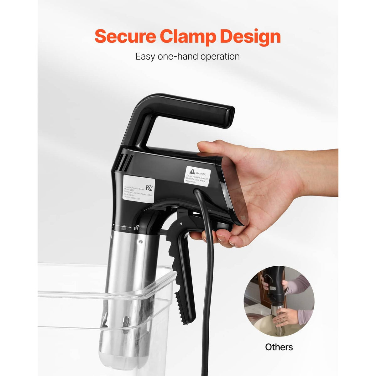 Sous vide precision cooker with secure clamp handle for attaching to a container