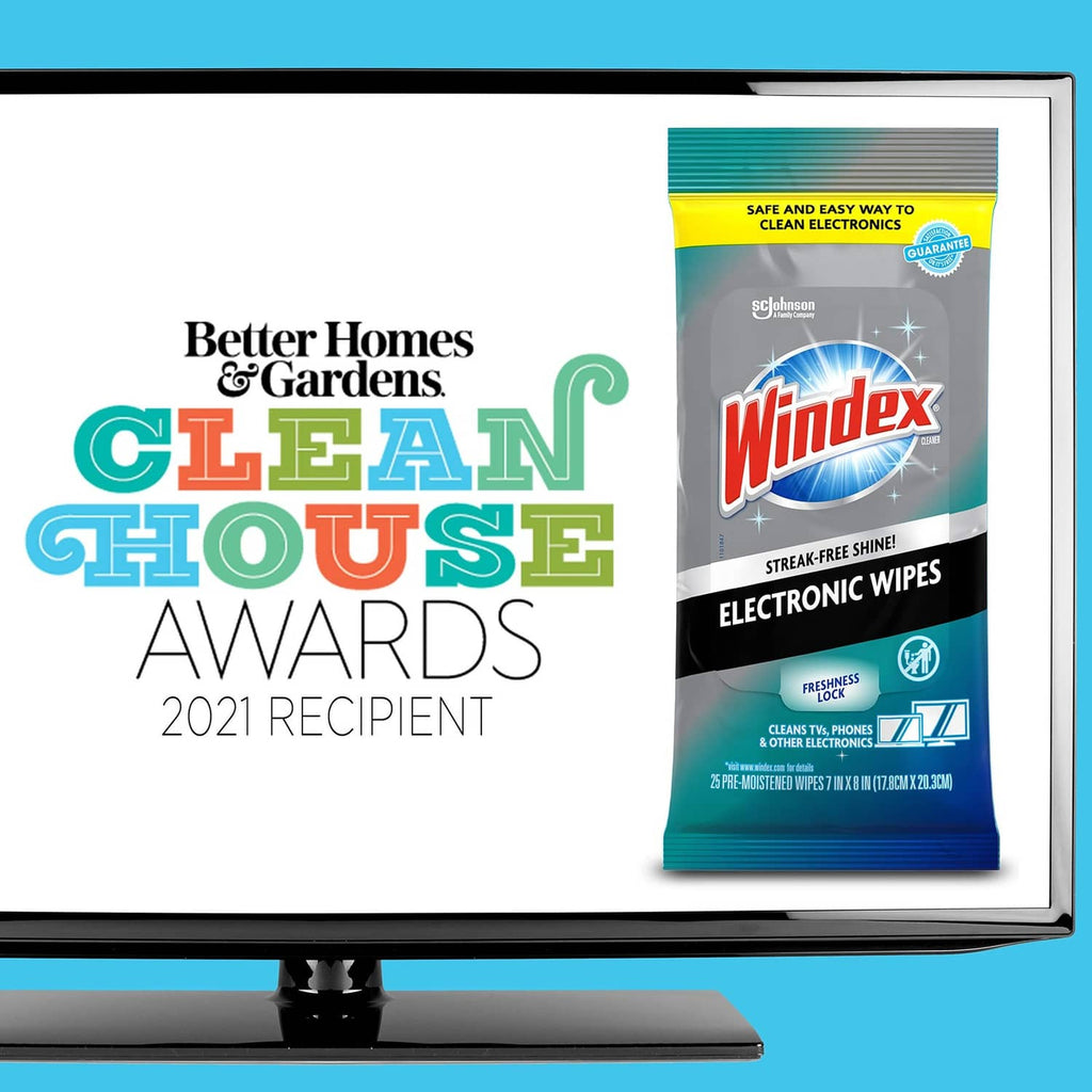 Pre-moistened electronic wipes pouch beside a flat TV screen