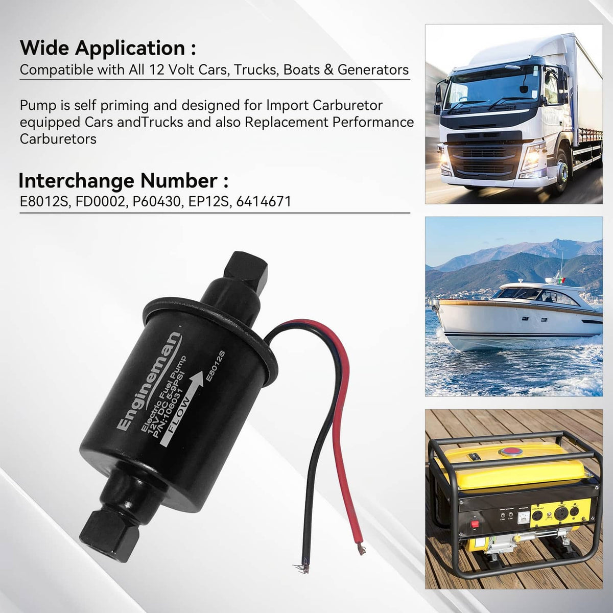 Black inline electric fuel pump with inlet and outlet ports and red/black wires