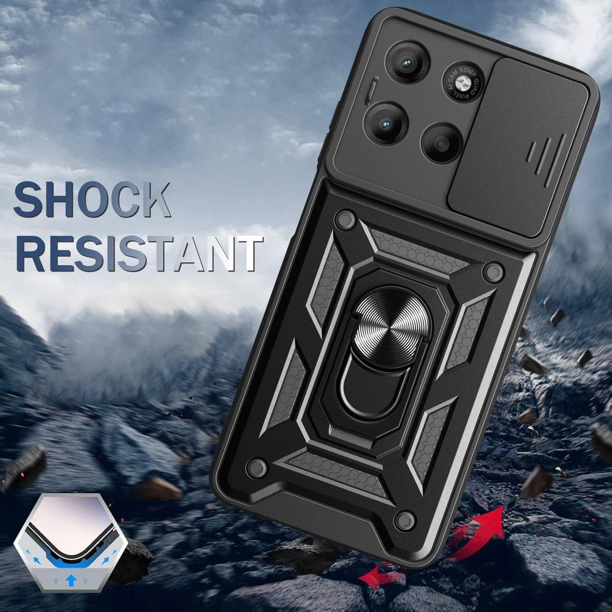 Black rugged phone case with ring kickstand and raised camera protection
