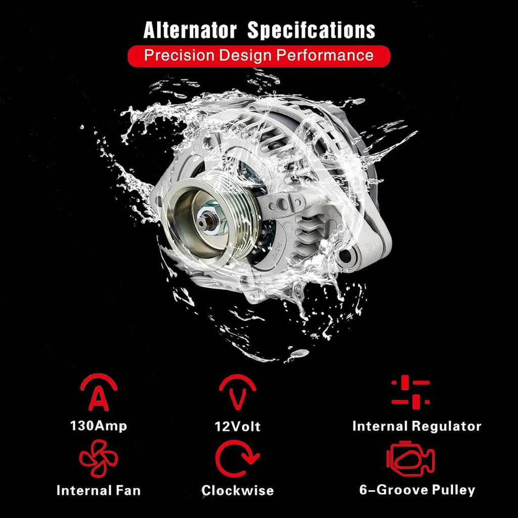 Alternator with 6-groove pulley and internal fan, splash water graphic