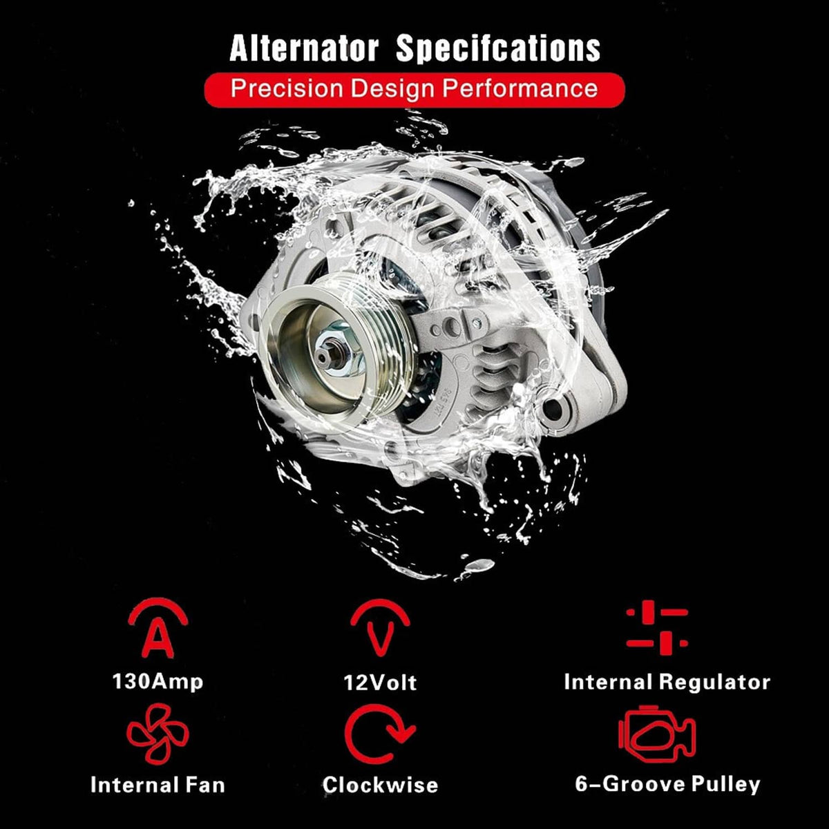 Alternator with 6-groove pulley and internal fan, splash water graphic