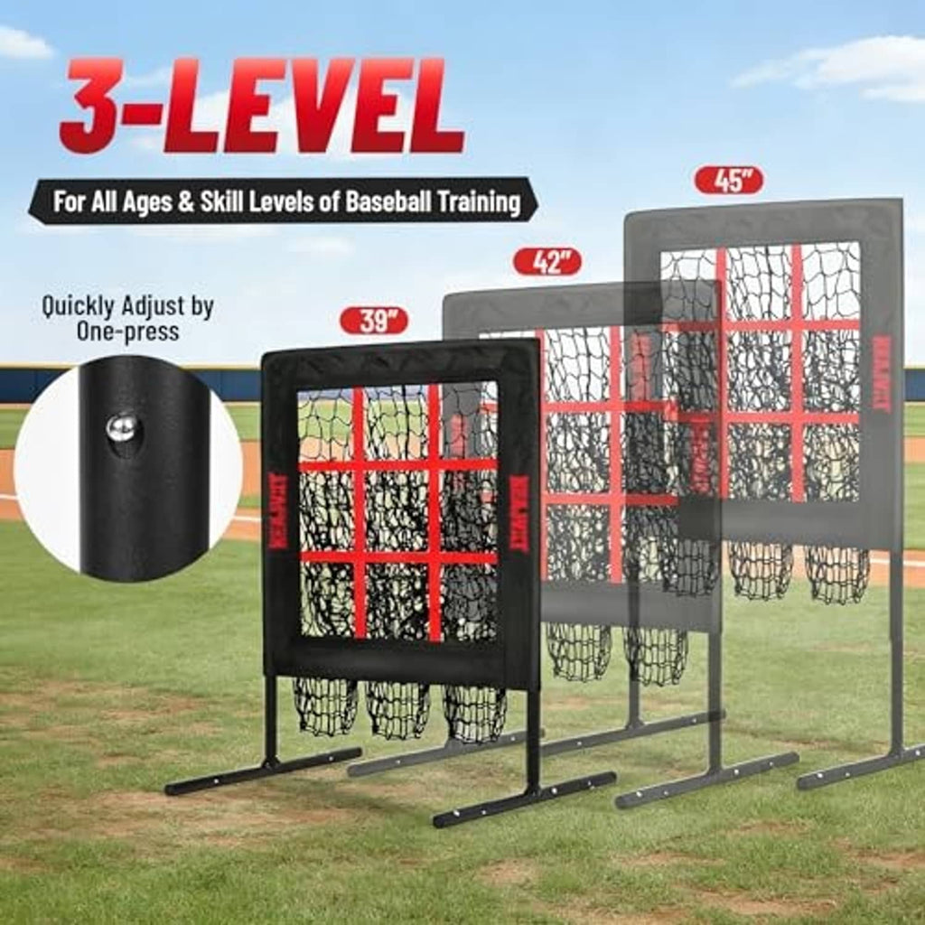 Set of black pitching nets with red strike-zone grids and adjustable frames