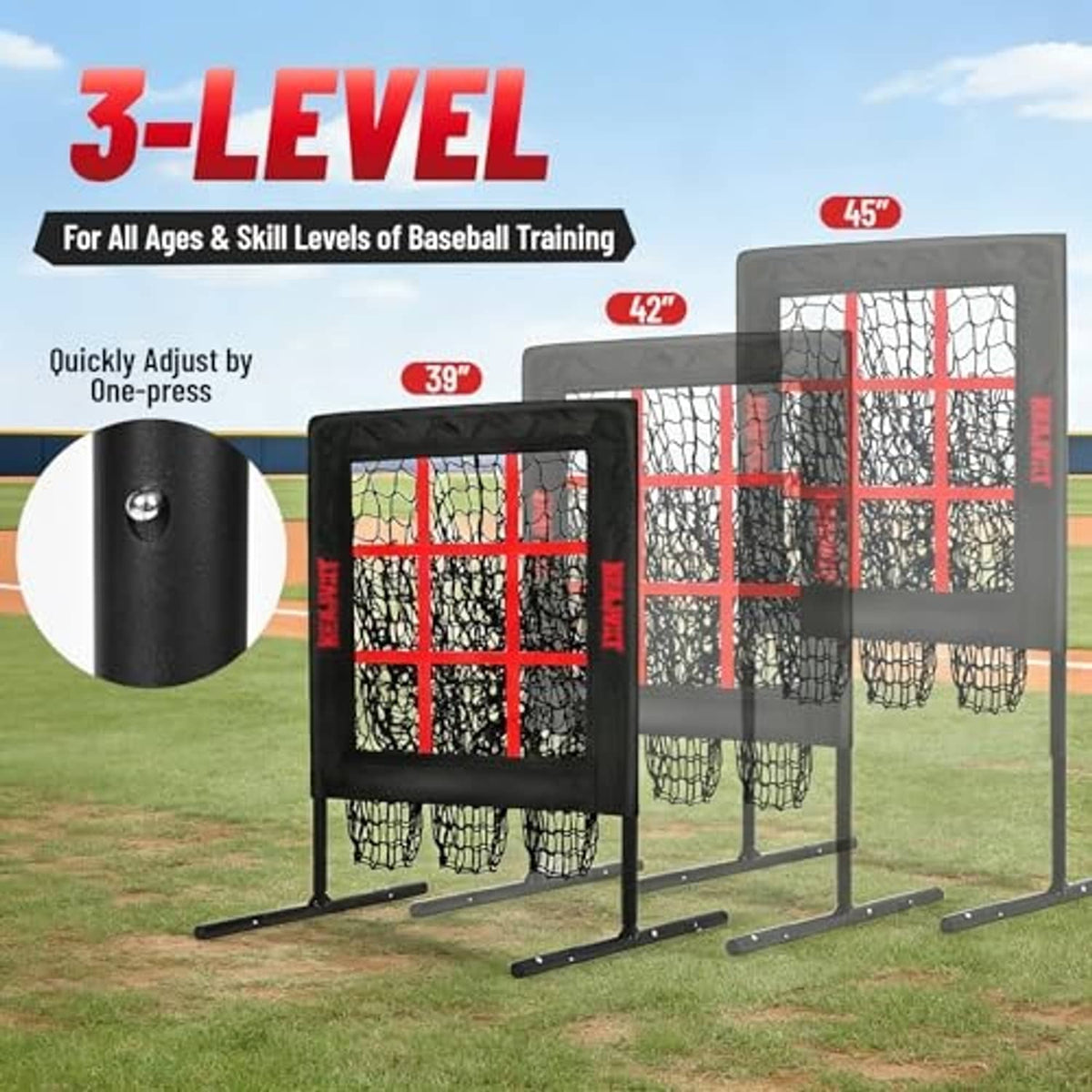 Set of black pitching nets with red strike-zone grids and adjustable frames