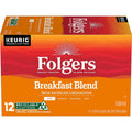 Folgers Breakfast Blend K-cup pod box for Keurig, 12-count mild roast coffee.
