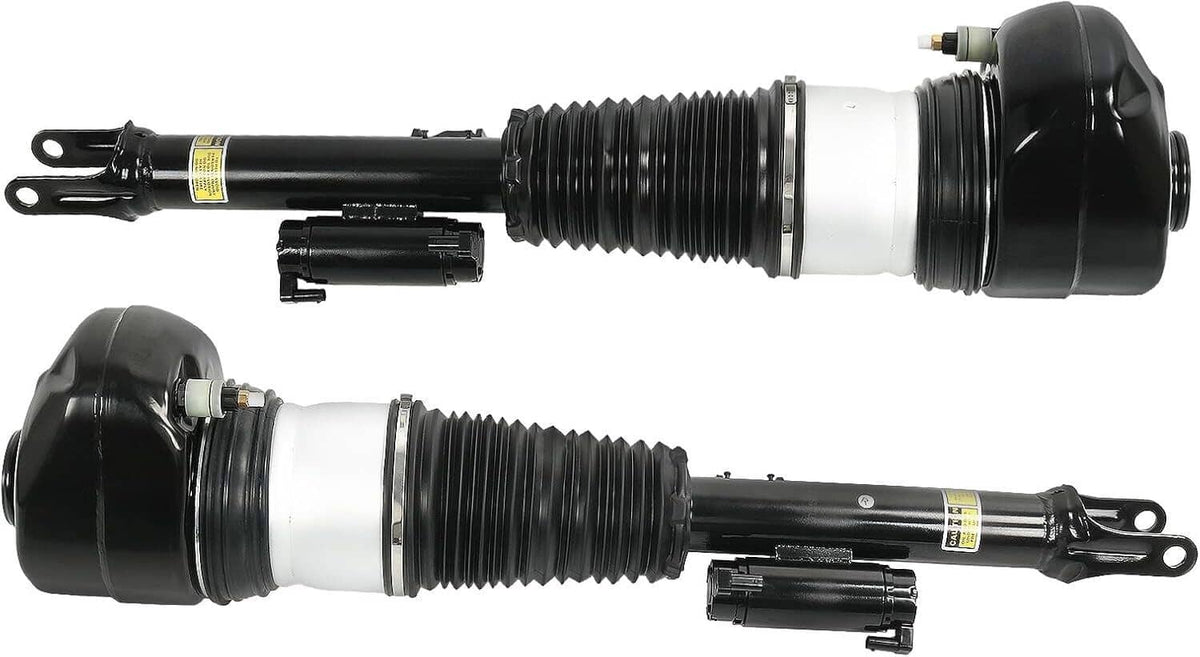 Pair front air suspension struts, black and white air bellows with shocks