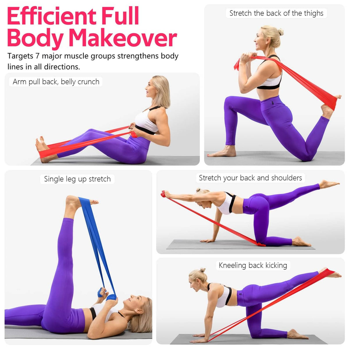 Resistance band for full-body stretching with red and blue bands