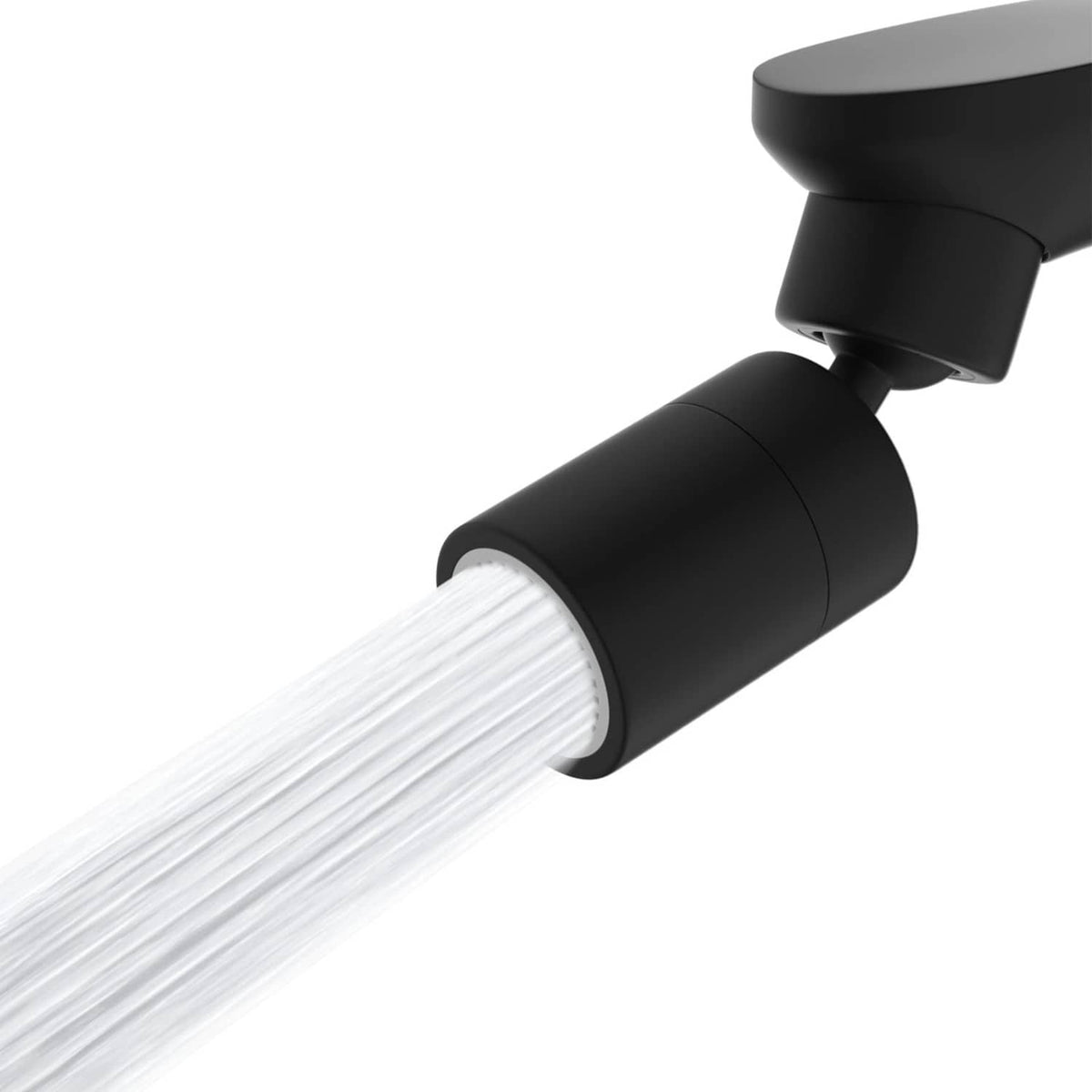 Matte black faucet aerator tip with white water stream