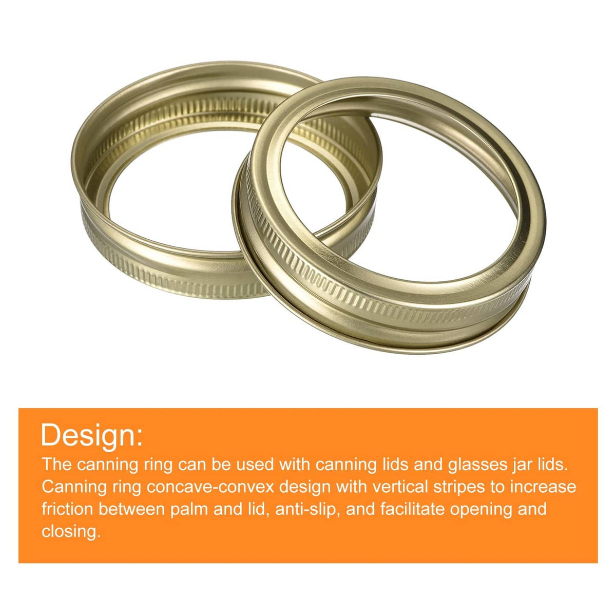 Gold mason jar canning rings, overlapping tinplate split metal bands