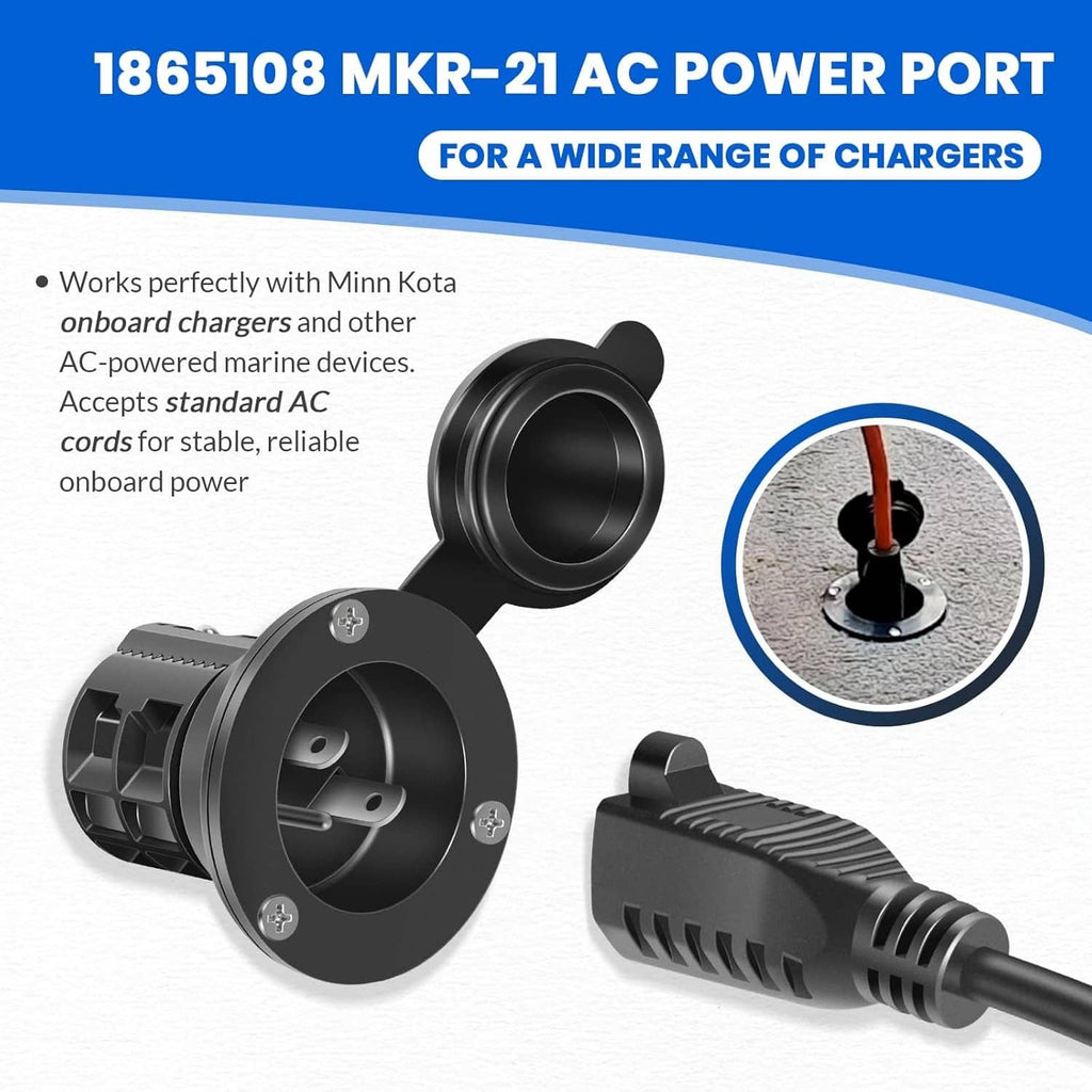 Black AC power port adapter with watertight cover and AC plug cord connection