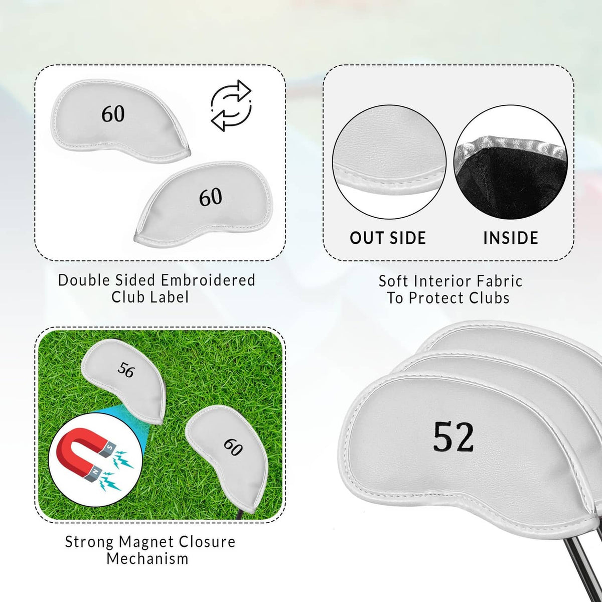 White leather golf club head cover labeled 52 with view of inside protection.