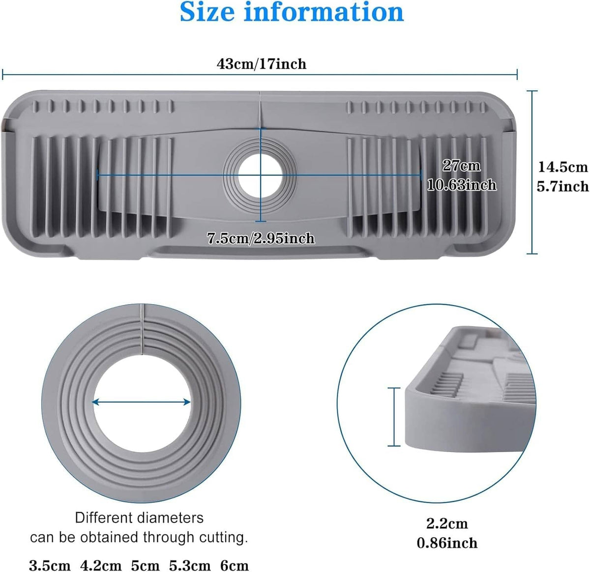 Light grey silicone faucet deck plate with round center opening and ribbed mat (dimensions)