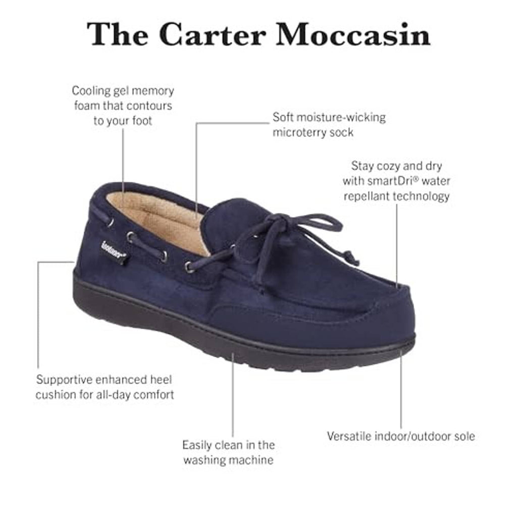 Navy blue men’s lace-up moccasin with tie bow and cushioned sole