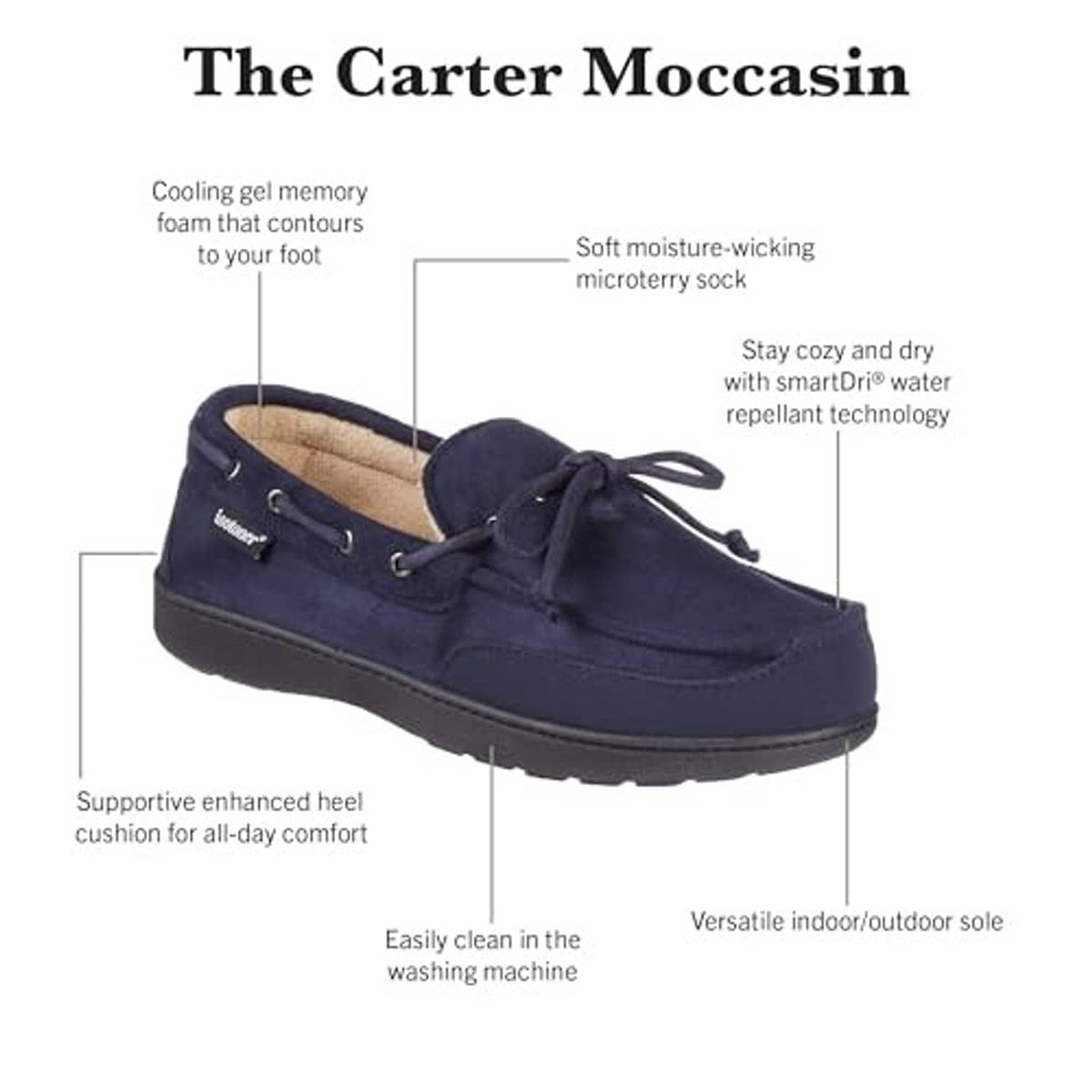 Navy blue men’s lace-up moccasin with tie bow and cushioned sole