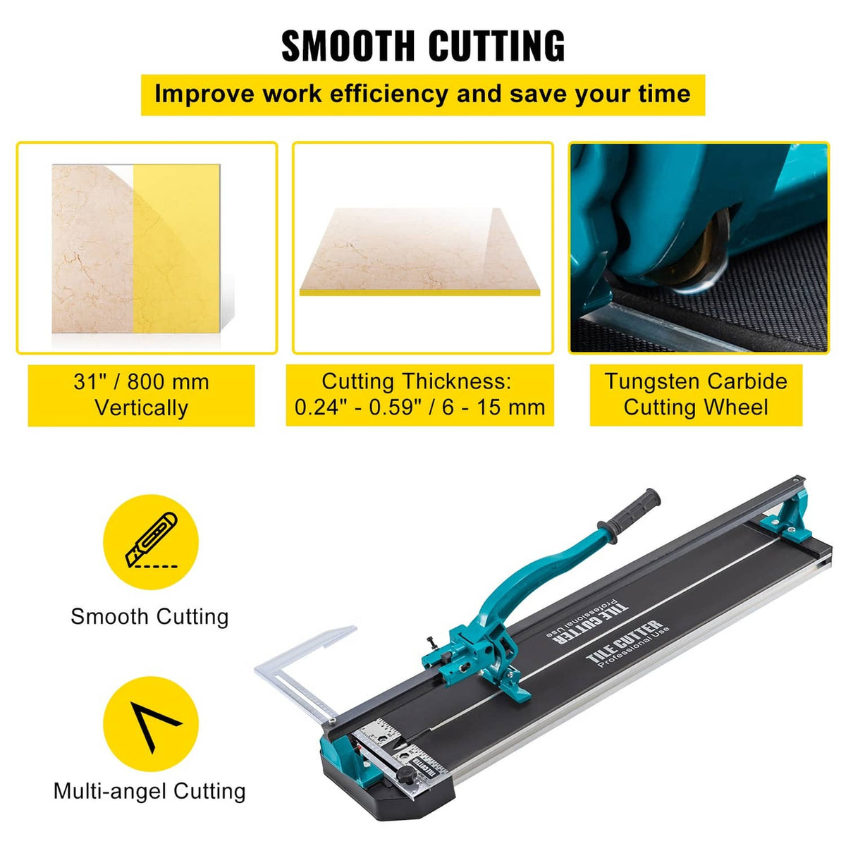 Manual tile cutter with teal handle and tungsten carbide cutting wheel detail