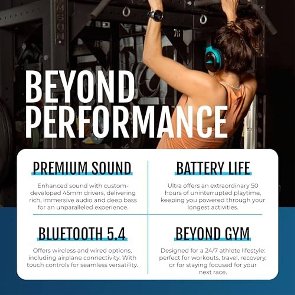 Person working out wearing black and blue over-the-ear sport headphones with padded cups