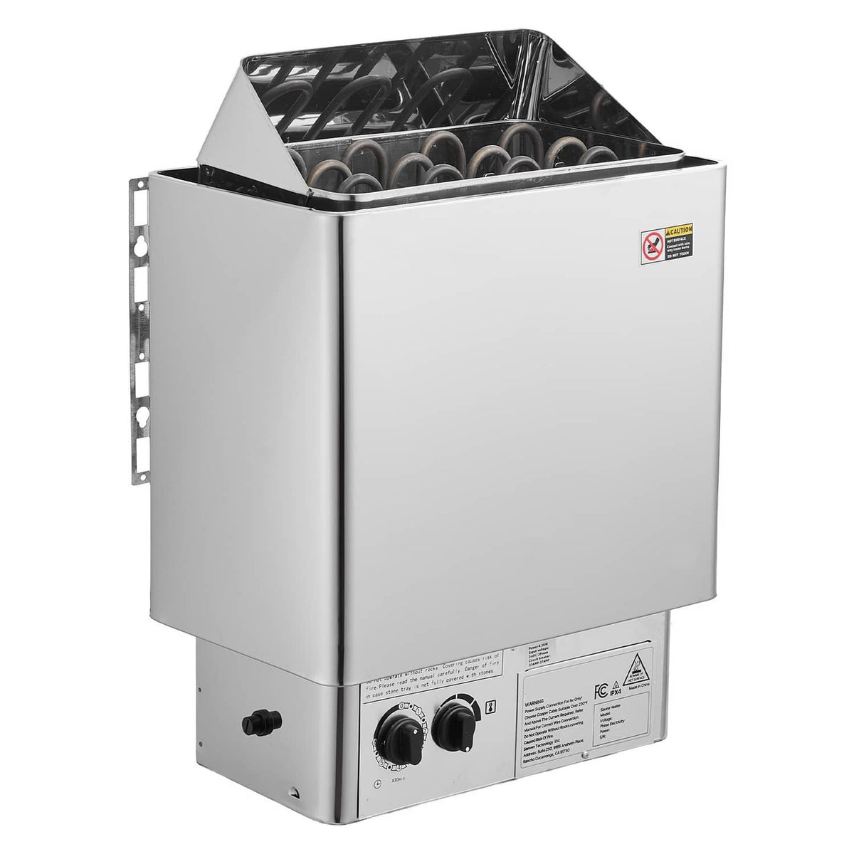 Stainless steel electric sauna heater with open top rock chamber and front control panel