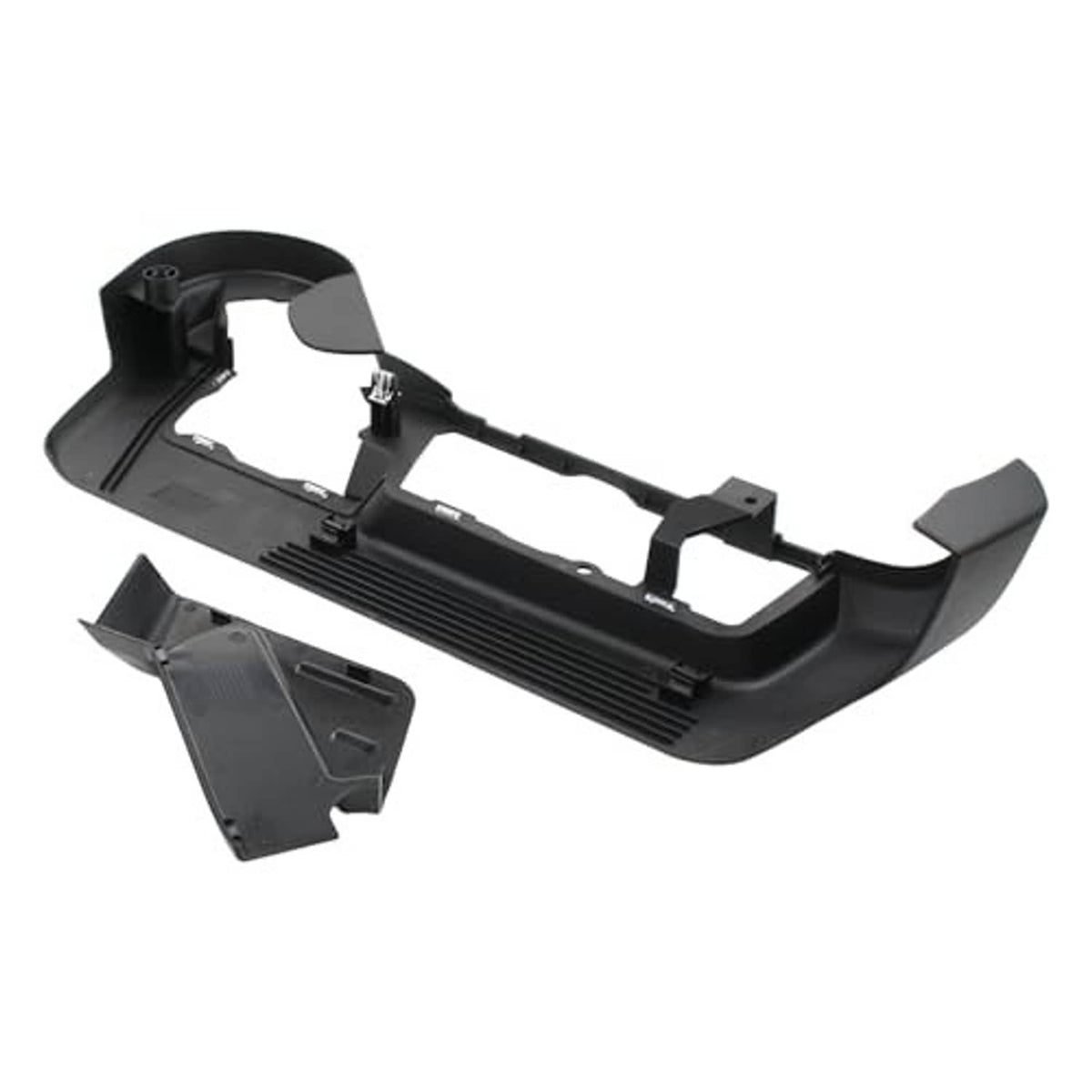 Black front driver seat side trim panel bezel cover with underside ridges and mounting points